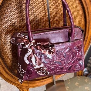 Patricia Nash Embossed Leather Satchel in Burgundy with Scarf Accent